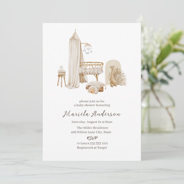 Gender Neutral Boho Nursery Mobile Baby Shower Invitation (Standing Front)