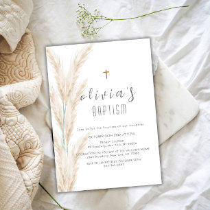 Gender Neutral Boho Pampas Christening Baptism Invitation