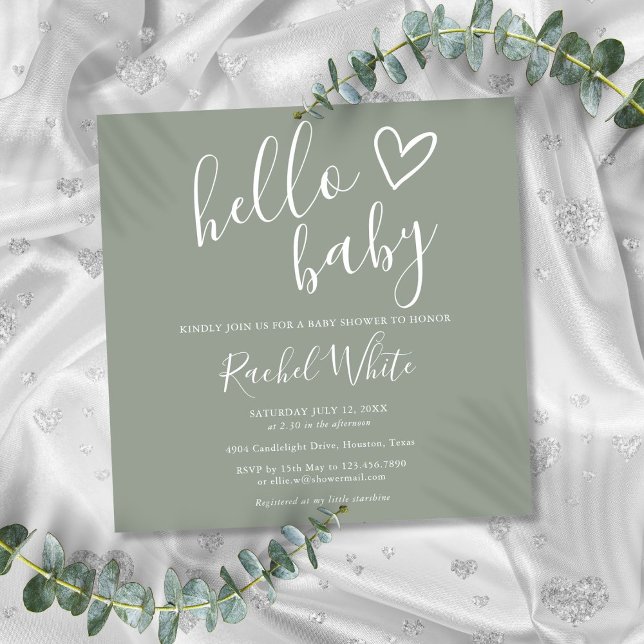 Gender Neutral Boho Sage Green Hello Baby Shower Invitation (Gender Neutral Boho Sage Green Hello Baby Shower Invitation)