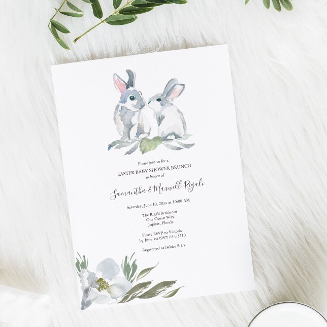 Gender Neutral Bunny Baby Shower Invitation (Gender neutral baby shower invitations nature theme watercolor bunny rabbits with florals.)