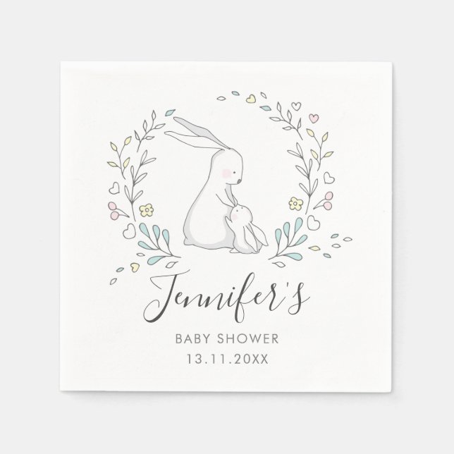 Gender Neutral Bunny Floral Name Date Baby Shower Napkin (Front)