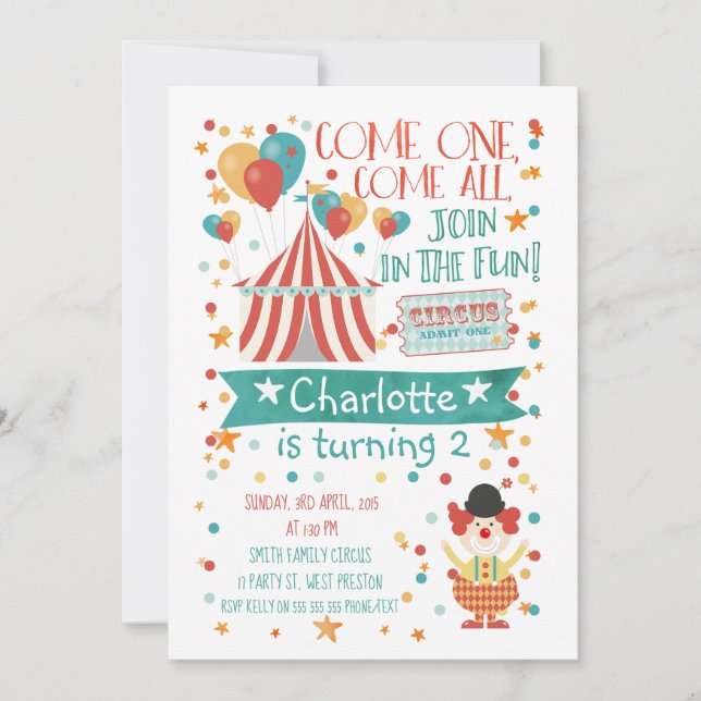 Gender neutral Circus Birthday Invitation (Front)