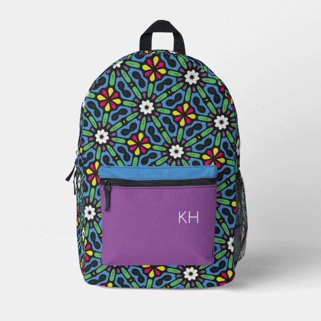 Gender Neutral Colourful Mandala Monogram Initials Printed Backpack (Front)