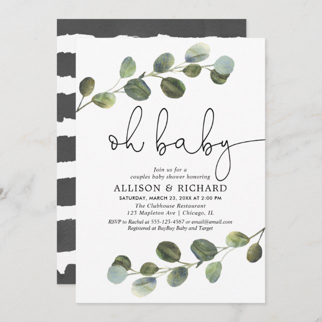 Gender neutral couples baby shower eucalyptus invitation (Front/Back)