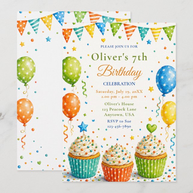 Gender Neutral Cupcake 7th Birthday Party Invitation (Front/Back)