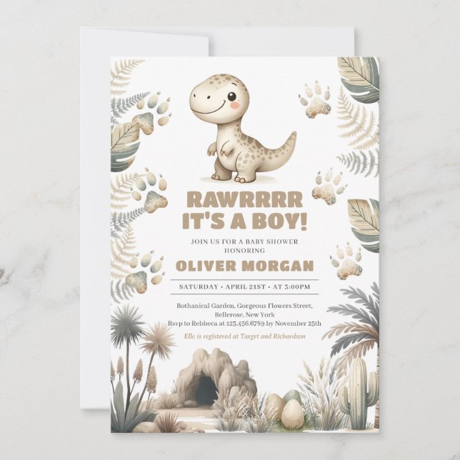 Gender neutral cute baby dinosaur prehistoric invitation (Front)