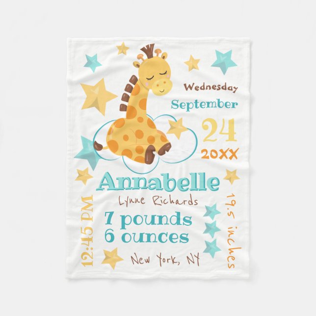 Gender Neutral Cute Giraffe Stars Baby Birth Stats Fleece Blanket (Front)