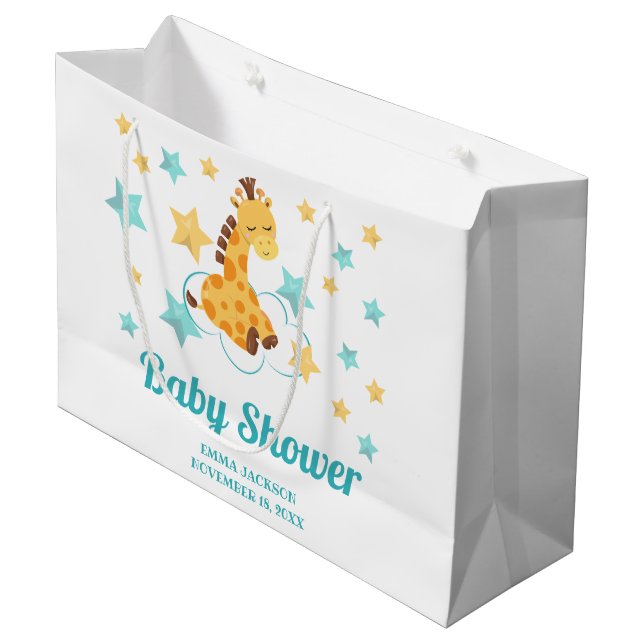 Gender Neutral Cute Giraffe & Stars Baby Shower Large Gift Bag (Front Angled)