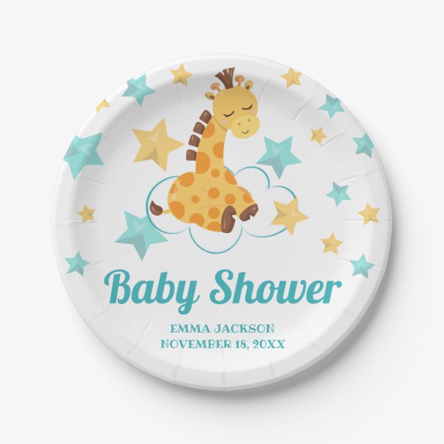 Gender Neutral Cute Giraffe & Stars Baby Shower Paper Plate (Front)