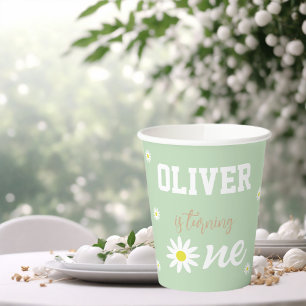 Gender Neutral Daisy 1st Birthday Party Boho Green Paper Cups