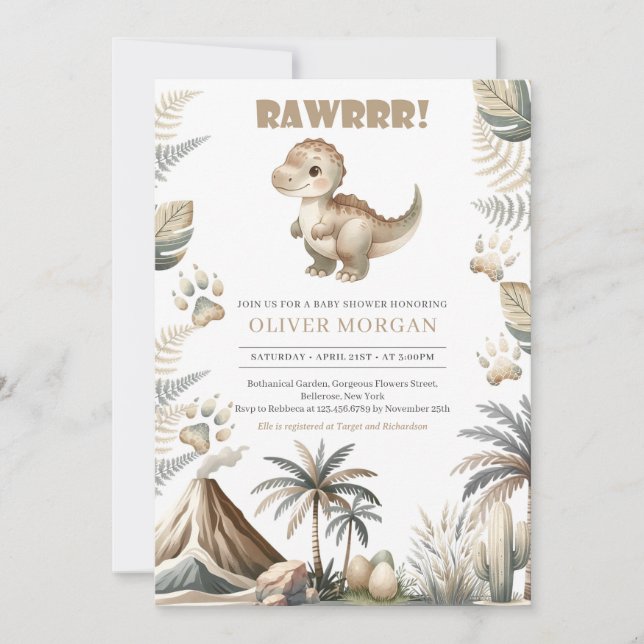Gender neutral Dino Baby Shower Invitation (Front)
