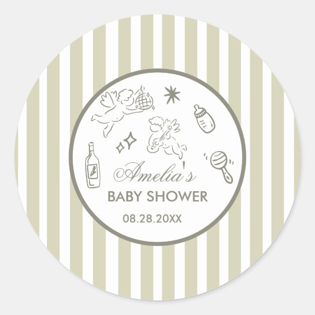 Gender Neutral doodle cupid Baby Shower Green Classic Round Sticker (Front)