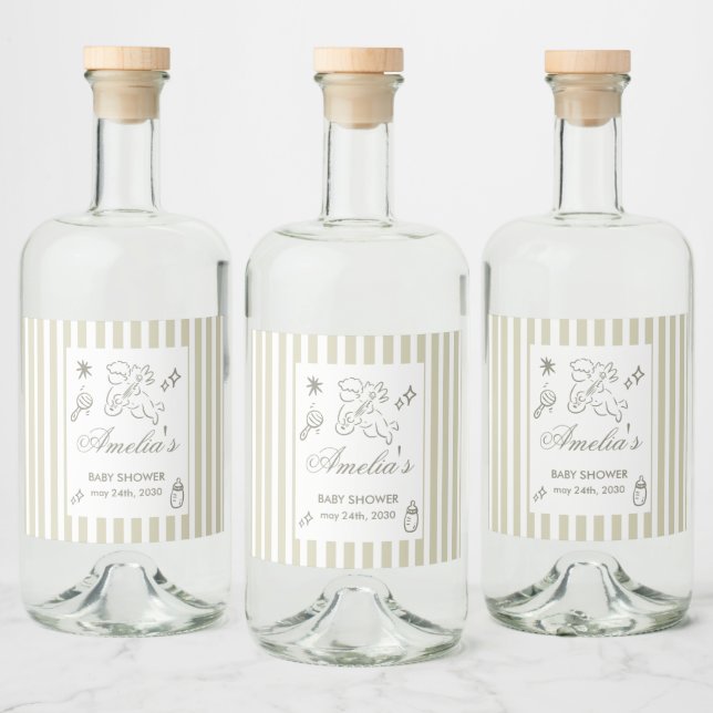 Gender Neutral doodle cupid Baby Shower Green Liquor Bottle Label (Bottles)