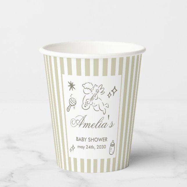 Gender Neutral doodle cupid Baby Shower Green Paper Cups (Front)