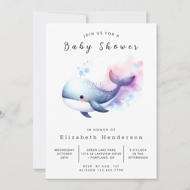Gender Neutral Editable Whale Baby Shower Invitation (Front)