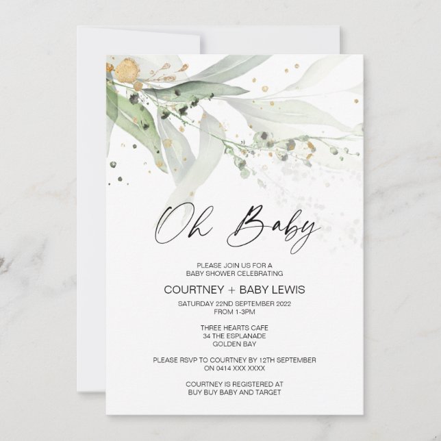 Gender Neutral Eucalyptus Oh Baby Shower Invitation (Front)