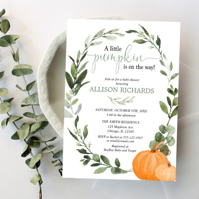 Gender neutral fall pumpkin eucalyptus baby shower invitation (Creator Uploaded)