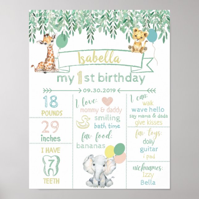 Gender neutral first birthday about me poster (Front)