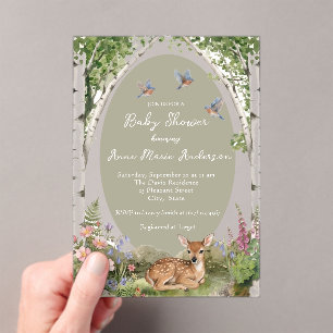Gender Neutral Forest Arch and Fawn Baby Shower Acrylic Invitations
