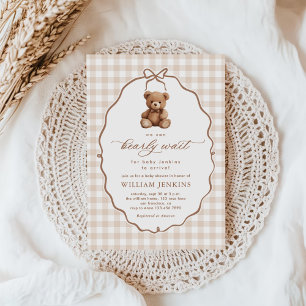Gender Neutral Gingham Teddy Bear Baby Shower Invitation
