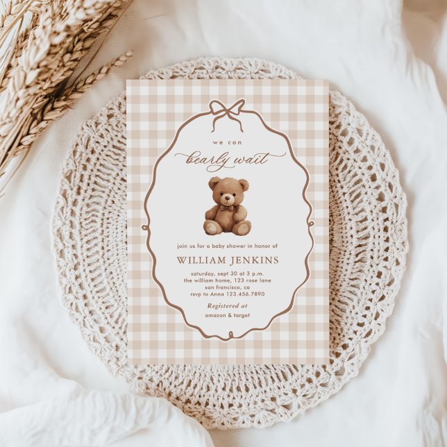Gender Neutral Gingham Teddy Bear Baby Shower Invitation (Creator Uploaded)