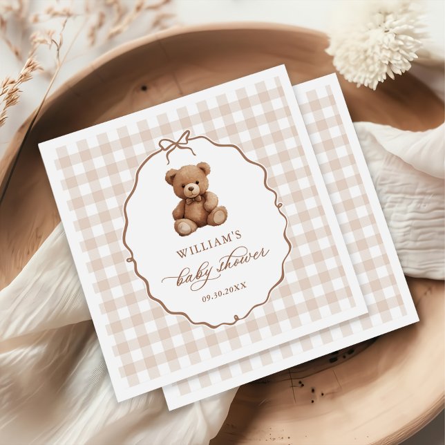 Gender Neutral Gingham Teddy Bear Baby Shower Napkin (Creator Uploaded)