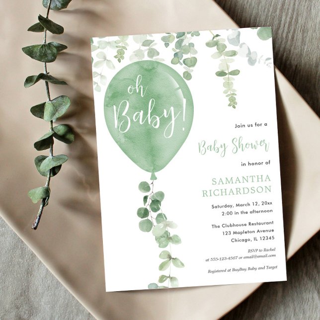 Gender neutral green balloon greenery Oh Baby Invitation (Creator Uploaded)