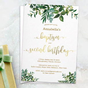 Gender neutral green gold baptism & 2nd birthday invitation