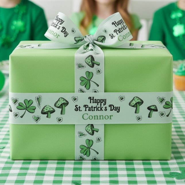 Gender Neutral Green Shamrock Heart & Mushroom 3" Grosgrain Ribbon (Cute Green Shamrocks St Patrick's Day 3 inch Ribbon. Festive Clover, Green Heart & Mushroom Pattern)