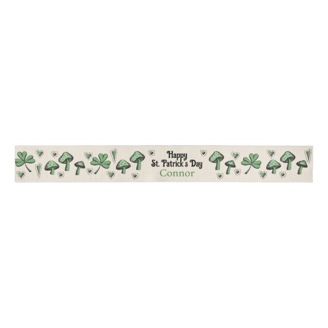 Gender Neutral Green Shamrock Heart & Mushroom 3" Grosgrain Ribbon (Front)