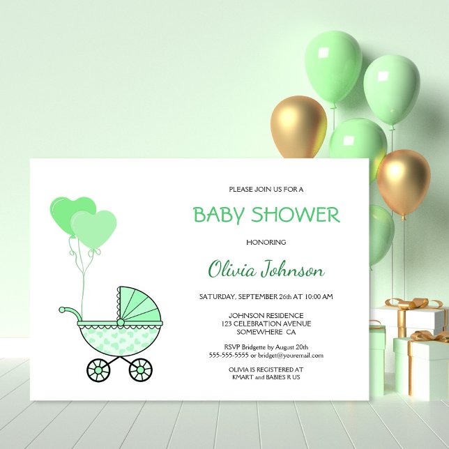 Gender Neutral Green Stroller Baby Shower Invitation (Creator Uploaded)