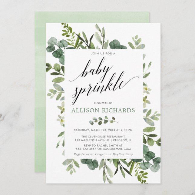 Gender neutral greenery baby sprinkle invitation (Front/Back)