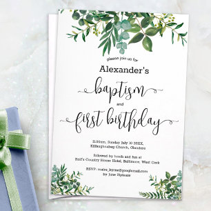 Gender neutral greenery baptism & 1st birthday invitation