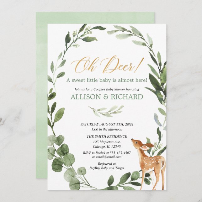 Gender neutral greenery deer couples baby shower invitation (Front/Back)