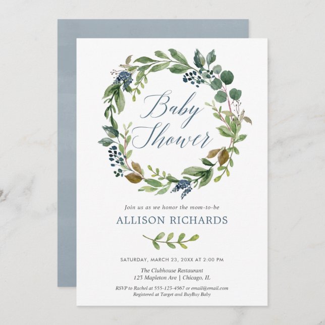 Gender neutral greenery dusty blue baby shower invitation (Front/Back)