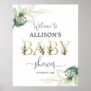 Gender neutral greenery gold baby shower welcome poster