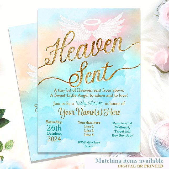Gender Neutral Heaven Sent Baby Shower Invitation (Gender Neutral Little Angel Baby shower turquoise pink blue gold unisex reveal)