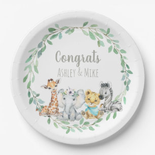Gender Neutral Jungle Safari Greenery Baby Animal Paper Plate