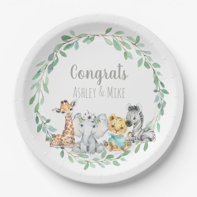 Gender Neutral Jungle Safari Greenery Baby Animal Paper Plate (Front)