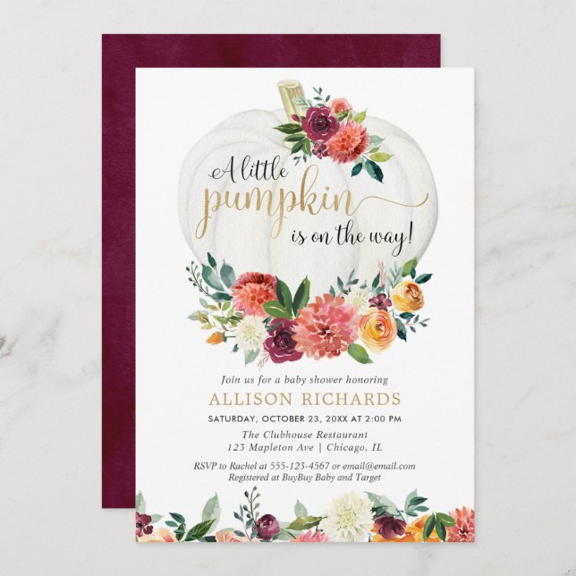 Gender neutral little pumpkin fall baby shower invitation (Front/Back)