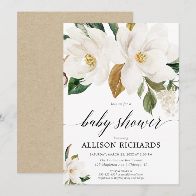 Gender neutral magnolia floral baby shower invitation (Front/Back)