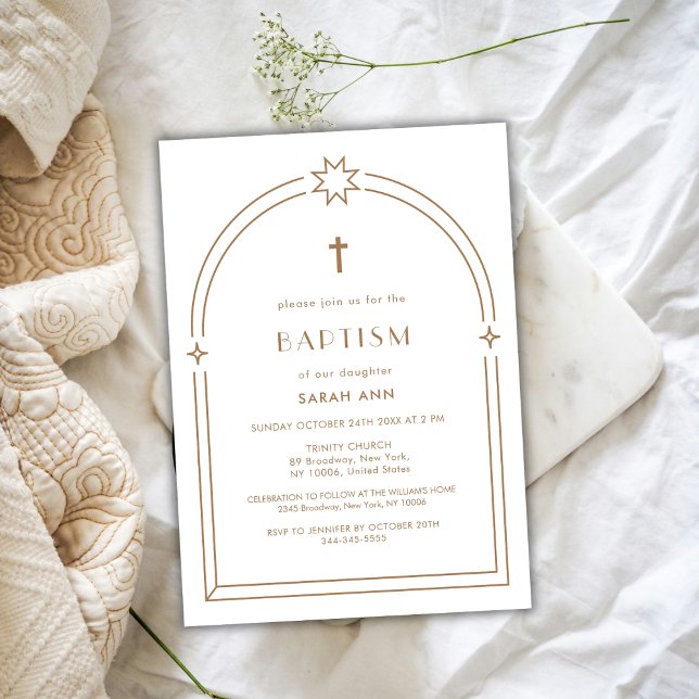 Gender Neutral Minimalist Boho Arch Cross Baptism  Invitation (Gender Neutral Minimalist Boho Arch Cross Baptism Invitation)