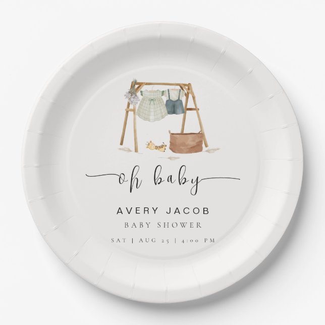 Gender Neutral Minimalist Boho Baby Shower Clothes Paper Plate (Front)
