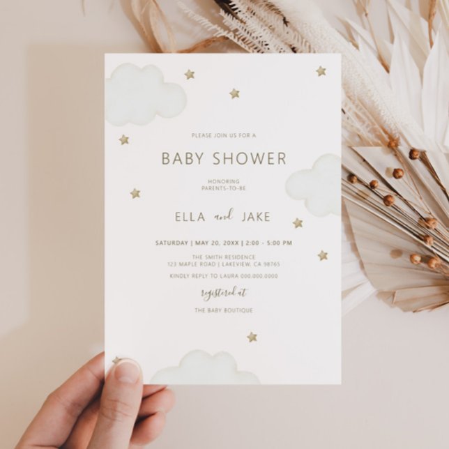 Gender Neutral Minimalist Clouds Stars Baby Shower Invitation (Creator Uploaded)