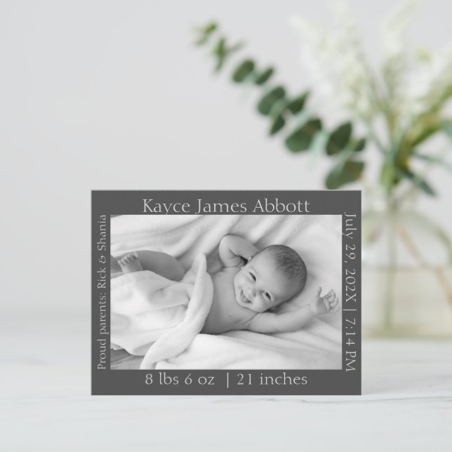 Gender Neutral Minimalist Grey Birth Announcement  Postcard (Standing Front)