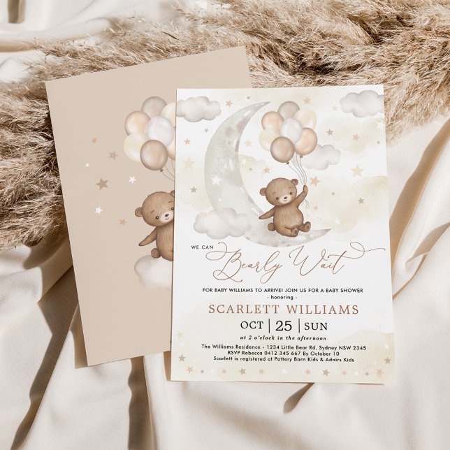 Gender Neutral Moon Bear Balloons Baby Shower Invitation (Creator Uploaded)