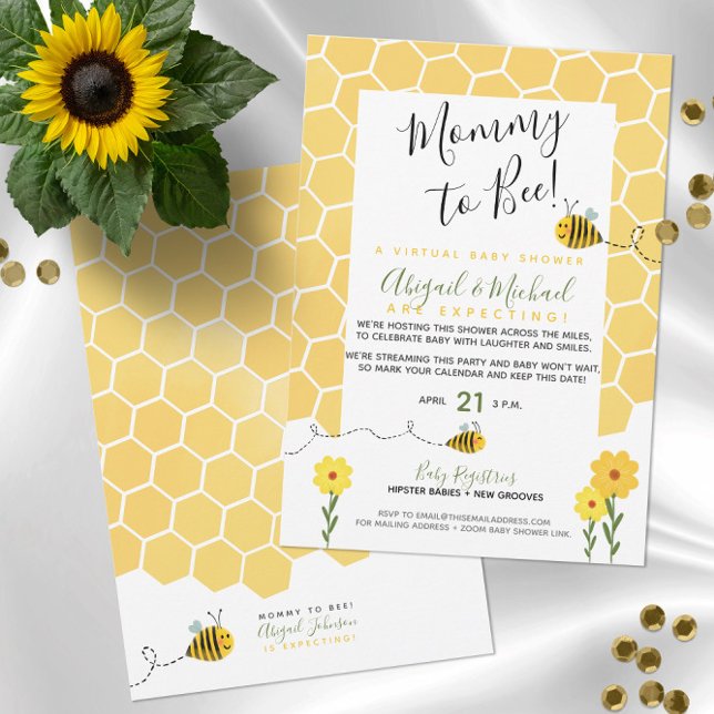 Gender Neutral Mummy To Bee Virtual Baby Shower Invitation (Cute Gender Neutral Bumble Bee Baby Shower Theme Baby Shower Invitations
)
