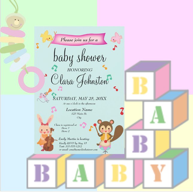 Gender Neutral Musical Animals Teal Baby Shower Invitation (Creator Uploaded)