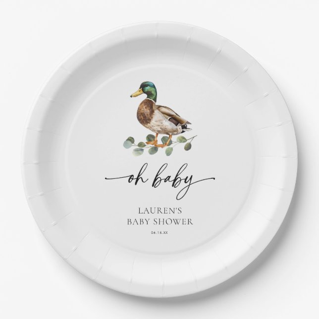 Gender Neutral Oh Baby Mallard Duck Baby Shower Paper Plate (Front)