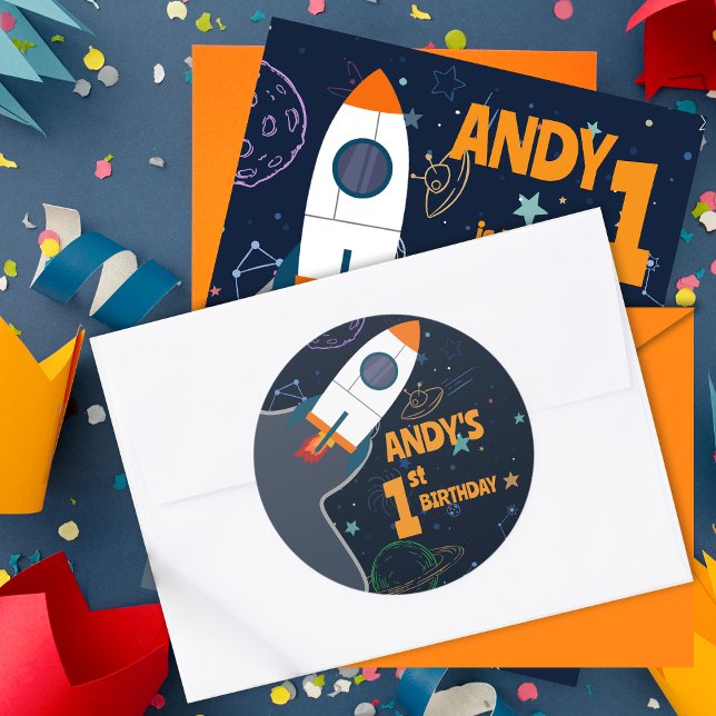 Gender Neutral Outer Space First Birthday Classic Round Sticker (Gender Neutral Outer Space First Birthday Classic Round Sticker)